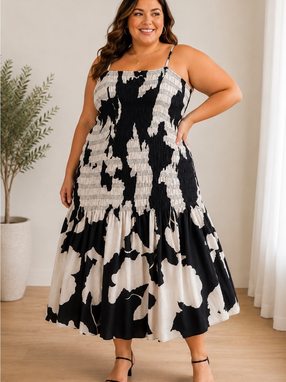 H&M Black & White Smocked Midi Dress | Size Large | Flowy Summer Dress